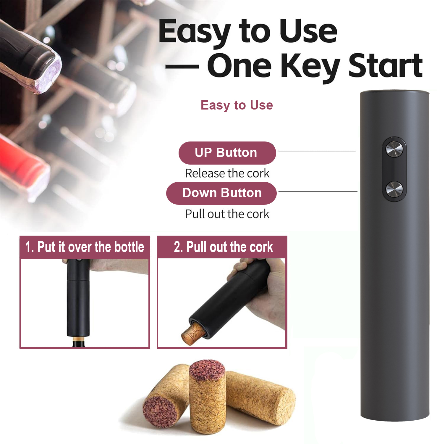 Wine Opener Electric - Abridor de vinho elétrico, saca-rolhas preto